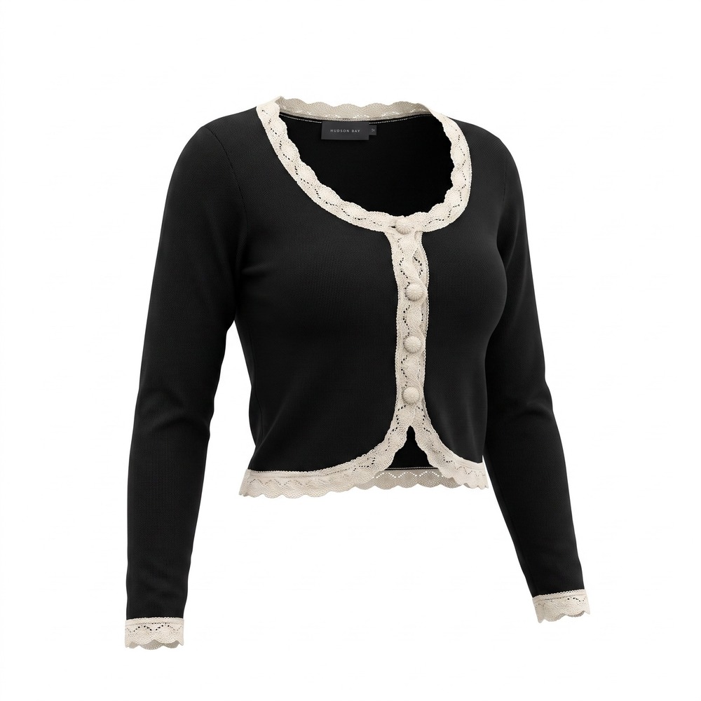 Hudson Gray Cropped Cardigan S Black Lace Trim Button Front Coquette Balletcore